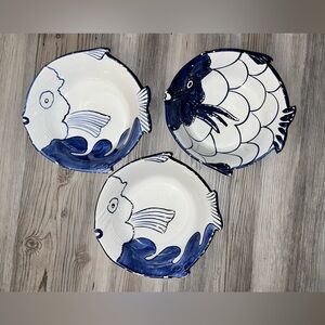 3 Vintag Zanolli Italy Fish Shaped Bowls 7 Inch Cobalt Blue And White Hand Paint